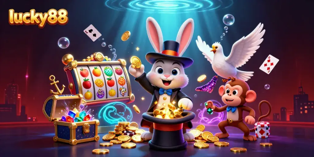 Win big with lucky88 as a magician rabbit conjures coins in a casino-themed wonderland.