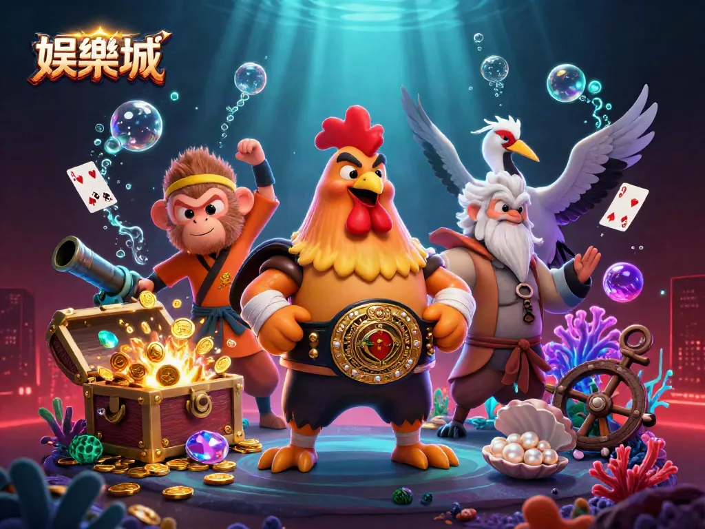 娱乐场中，三位角色围绕着闪闪发光的金币和宝石，创造丰富的赌博氛围。