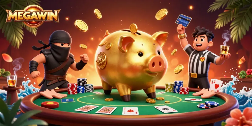 Mendapatkan MEGAWIN dengan celengan sumo berkilau, ninja dompet, dan wasit samurai di meja poker.
