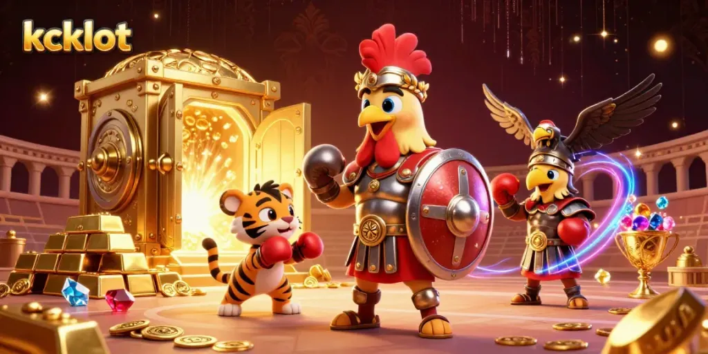 Tampilkan keseruan kckslot dengan karakter ayam gladiator, singa muda, dan simbol kemewahan di arena.