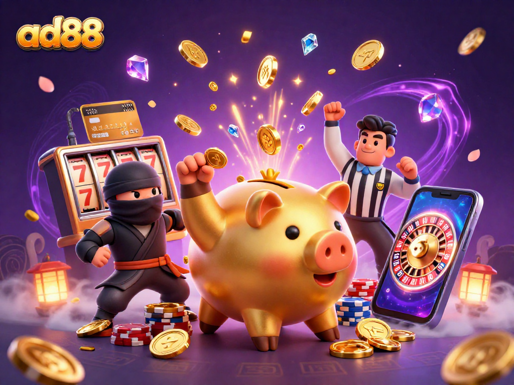 Win big with ad88's vibrant casino scene featuring a piggy bank sumo wrestler!