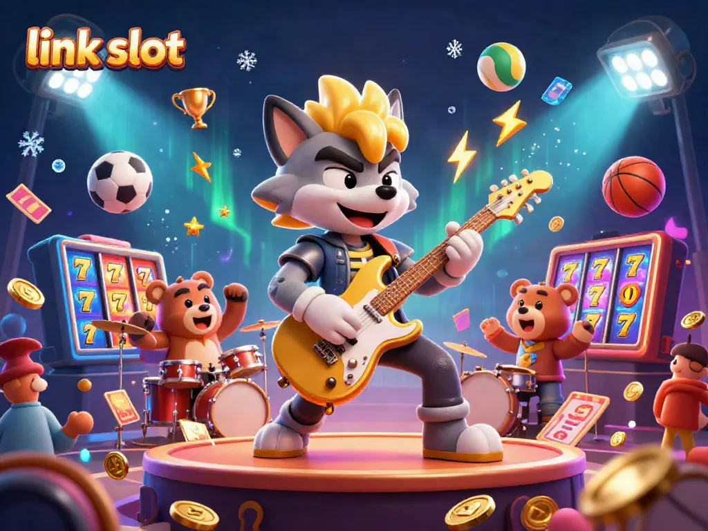 Engaging 3D illustration showcasing the "link slot" theme with animated characters and dynamic gaming elements.