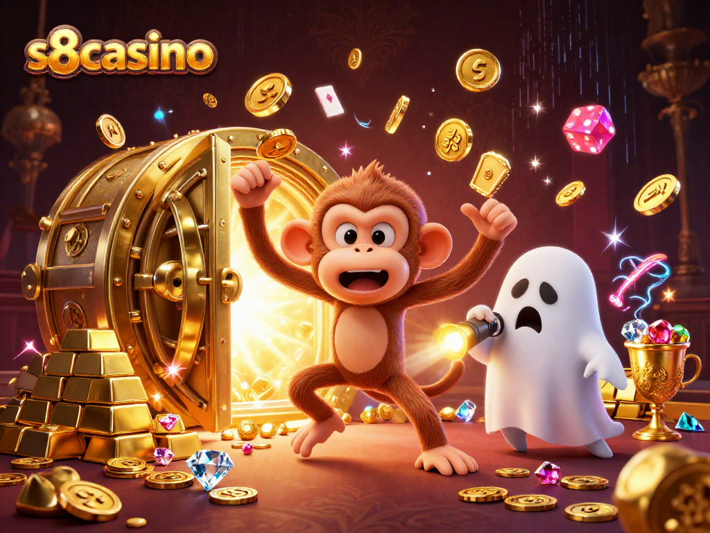 S8casino showcases a poltergeist monkey and ghost-hunter puppy in a vibrant casino scene, highlighting gaming excitement.