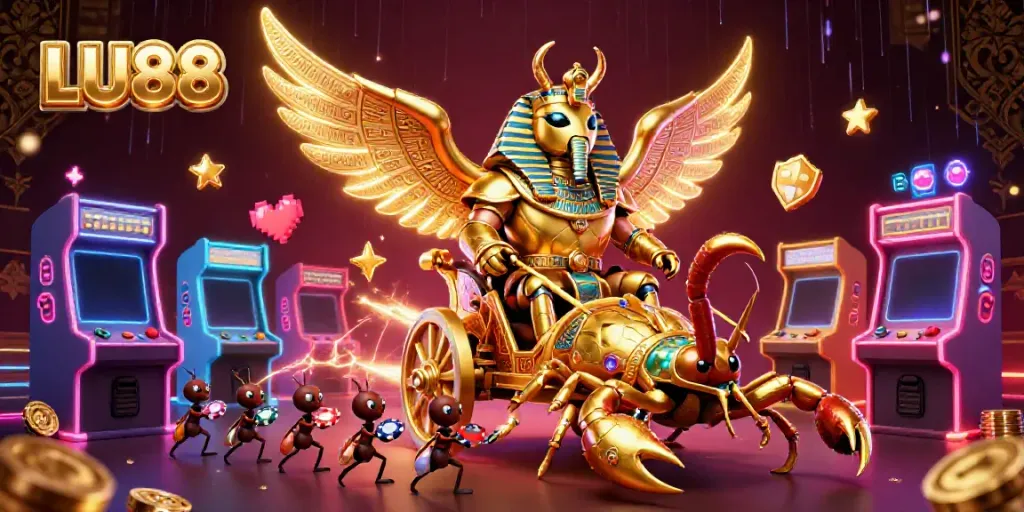 Experience the vibrant LU88 casino world with a golden scarab and scorpions immersed in gaming.