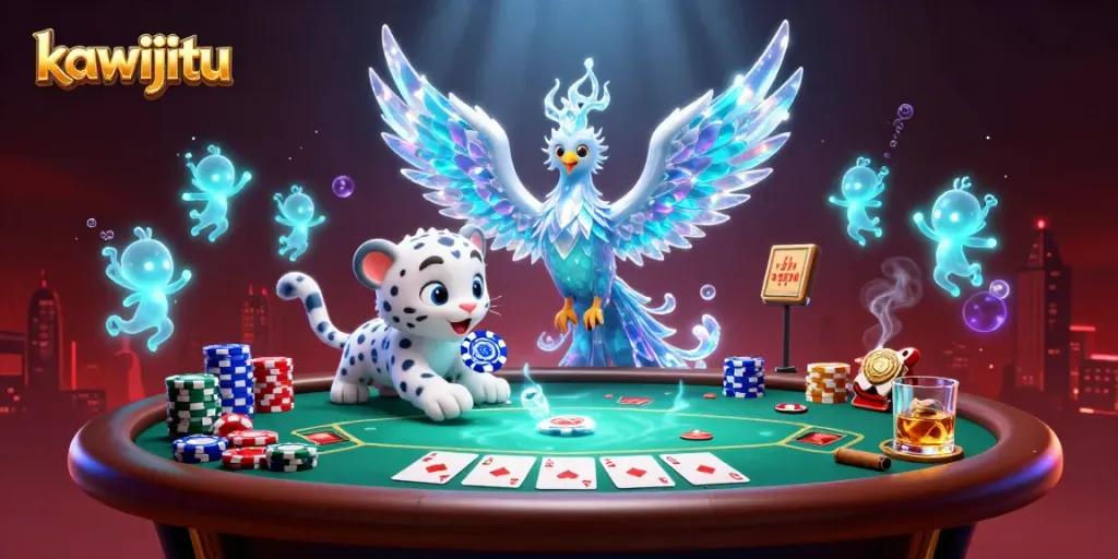 Kawijitu showcases a vibrant 3D ice phoenix surrounded by poker elements, embodying casino excitement.