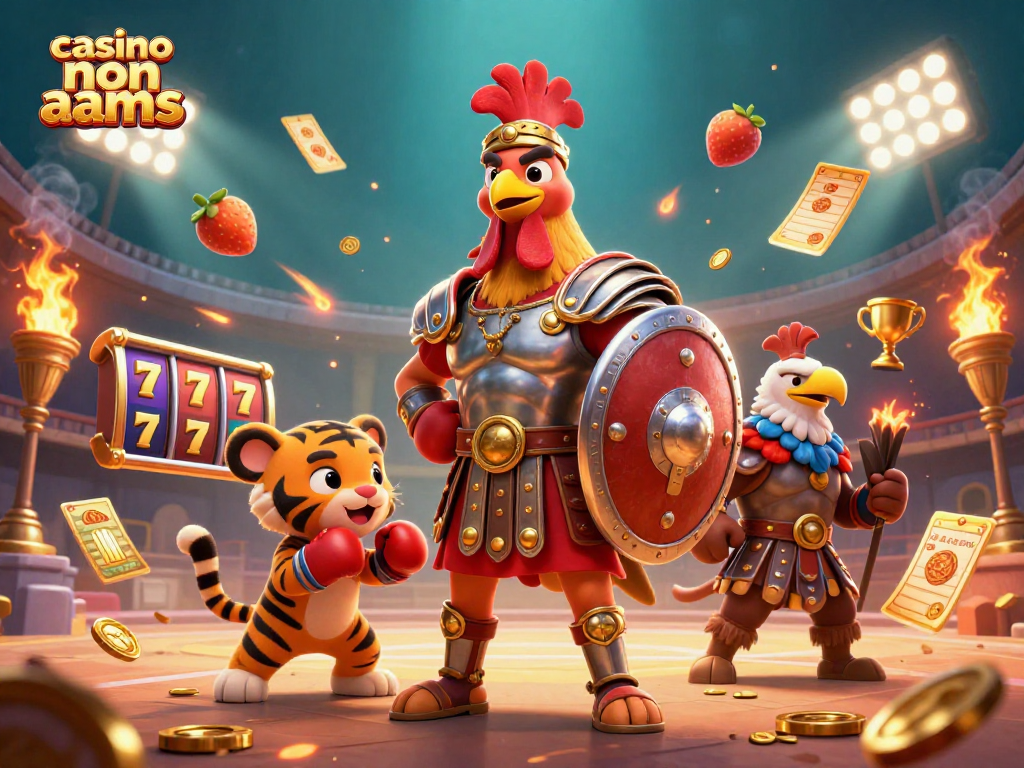 Immagine tratta da casino non aams con un gallo gladiatore e simboli delle slot in un'arena vivace.