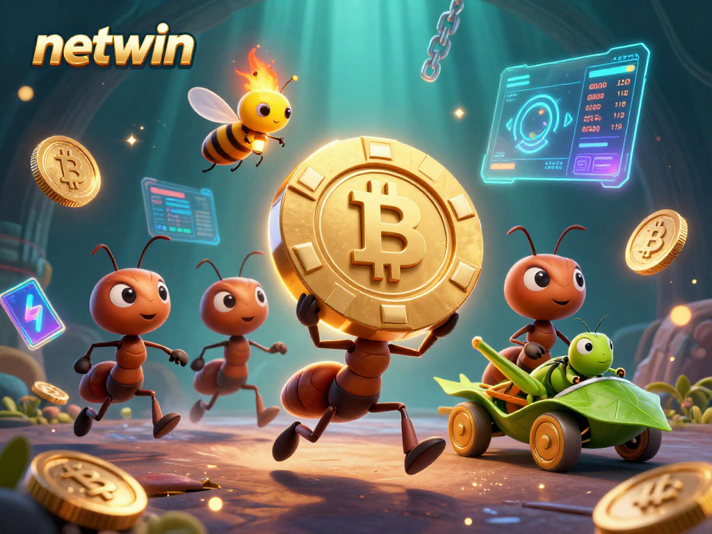 Ants executing a thrilling heist in the netwin gaming scene, showcasing vibrant poker elements and crypto symbols.