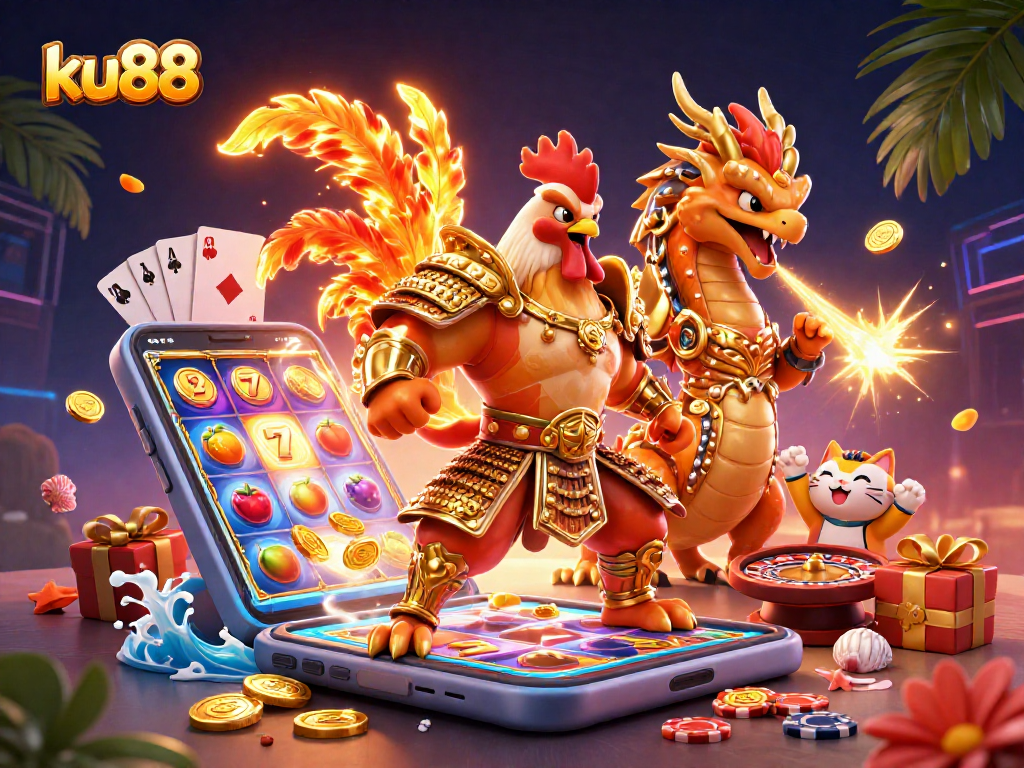 Engage with ku88's thrilling world featuring a fighting rooster warrior and dragon in action!