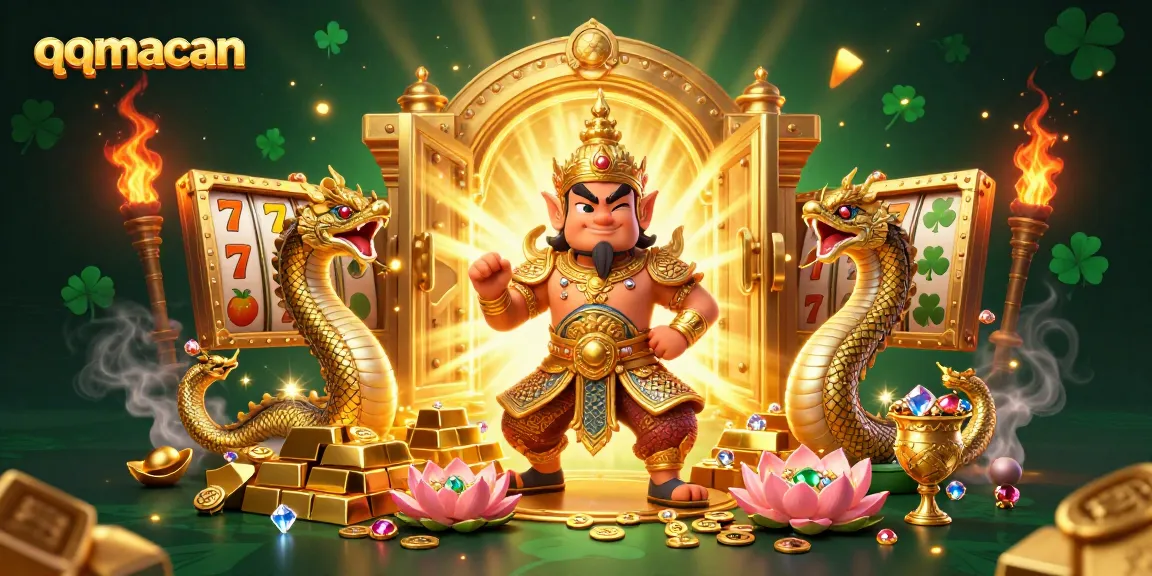 Experience the thrilling qqmacan action with vibrant slot reels and golden treasures in this dynamic illustration.