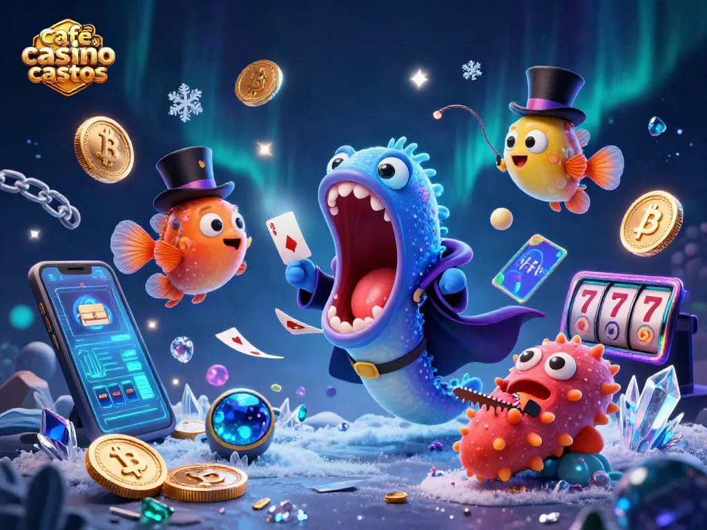 Experience the magical world of cafe casino sister casinos with a bioluminescent deep-sea gulper eel performing card tricks amidst glowing crypto elements.
