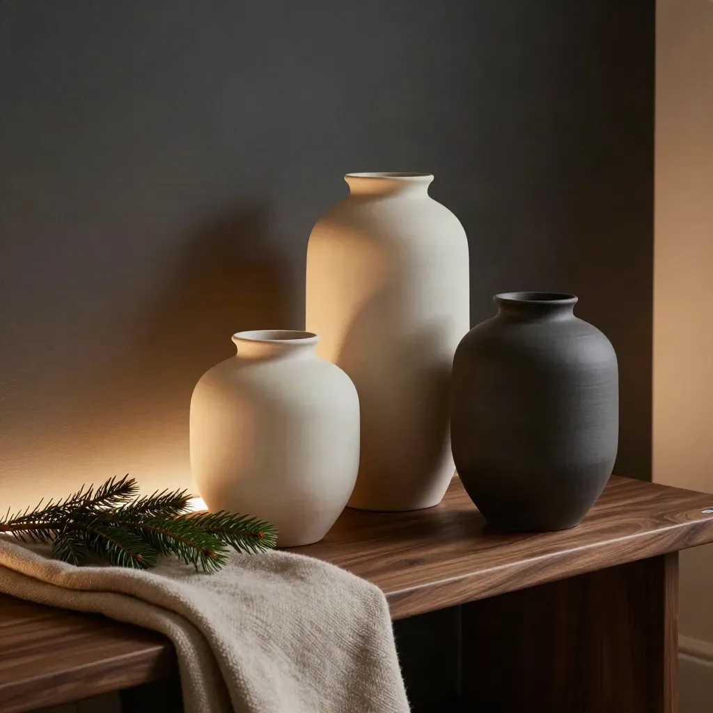 Ceramic vessels, wool throw, and evergreen branch on a walnut console in warm lamp glow.