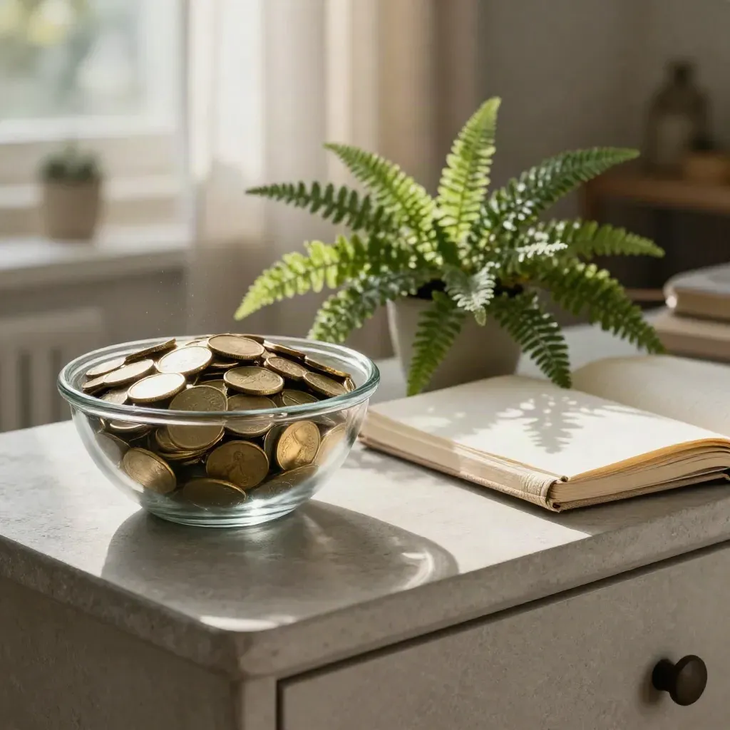 Coins in a smoked-glass bowl beside a linen notebook and fern on a stone sideboard, sunlit