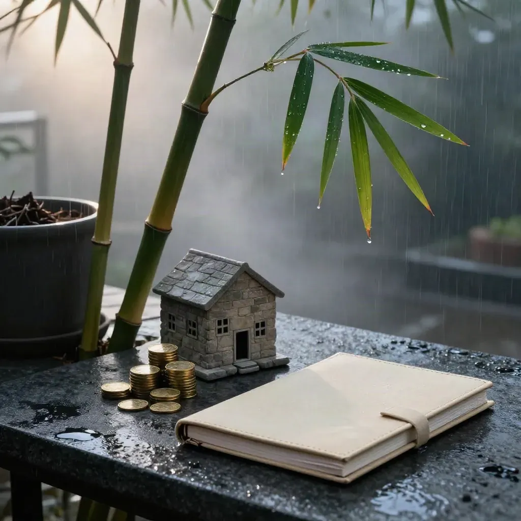 Bamboo, coin stacks, and a portfolio binder on a misty terrace at dawn.
