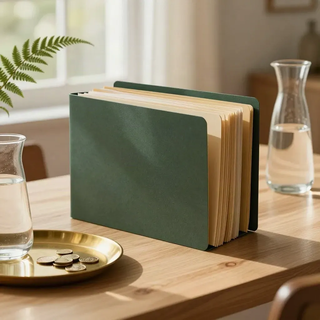 Sunlit folders, brass coins, water carafe and fern on a breakfast table, ready for income planning.