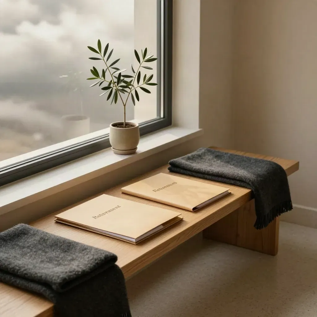 Window bench with olive sapling and closed retirement folders in soft overcast light.