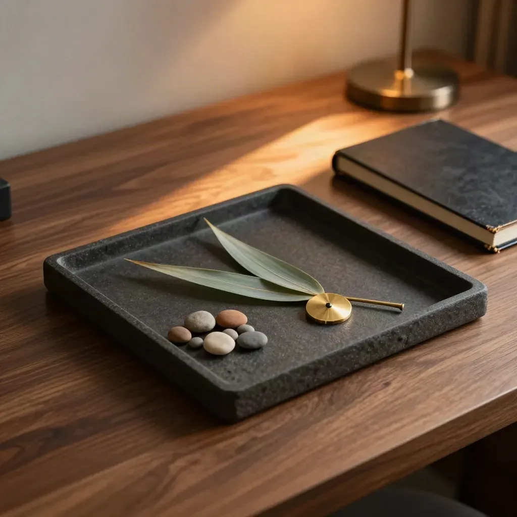 Stone tray with bamboo leaf, brass token, pebbles, and closed ledger in warm evening light.