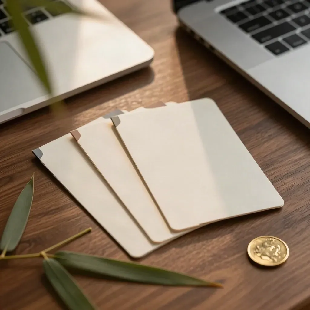 Four paper sleeves, a closed laptop, bamboo leaf and coin arranged in a warm flat lay.