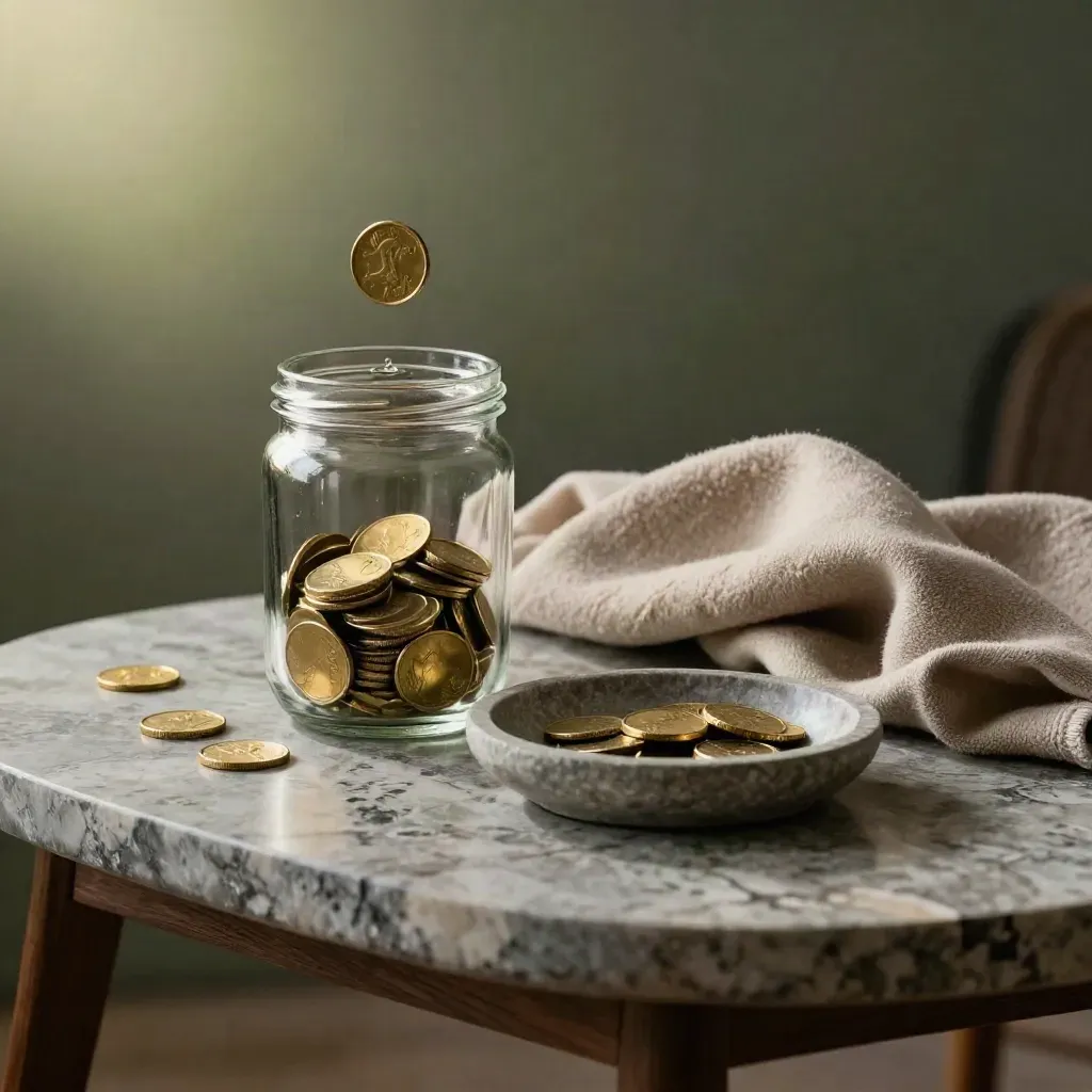 Glass jar of brass coins with a dropped coin, wool cloth, and stone dish on a coffee table.