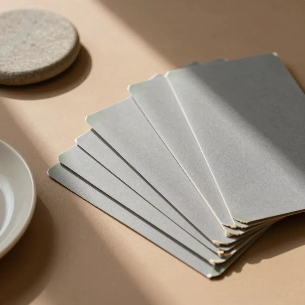 Overhead macro of fund sleeves, a stone coaster, and a small ceramic dish on a warm desk.