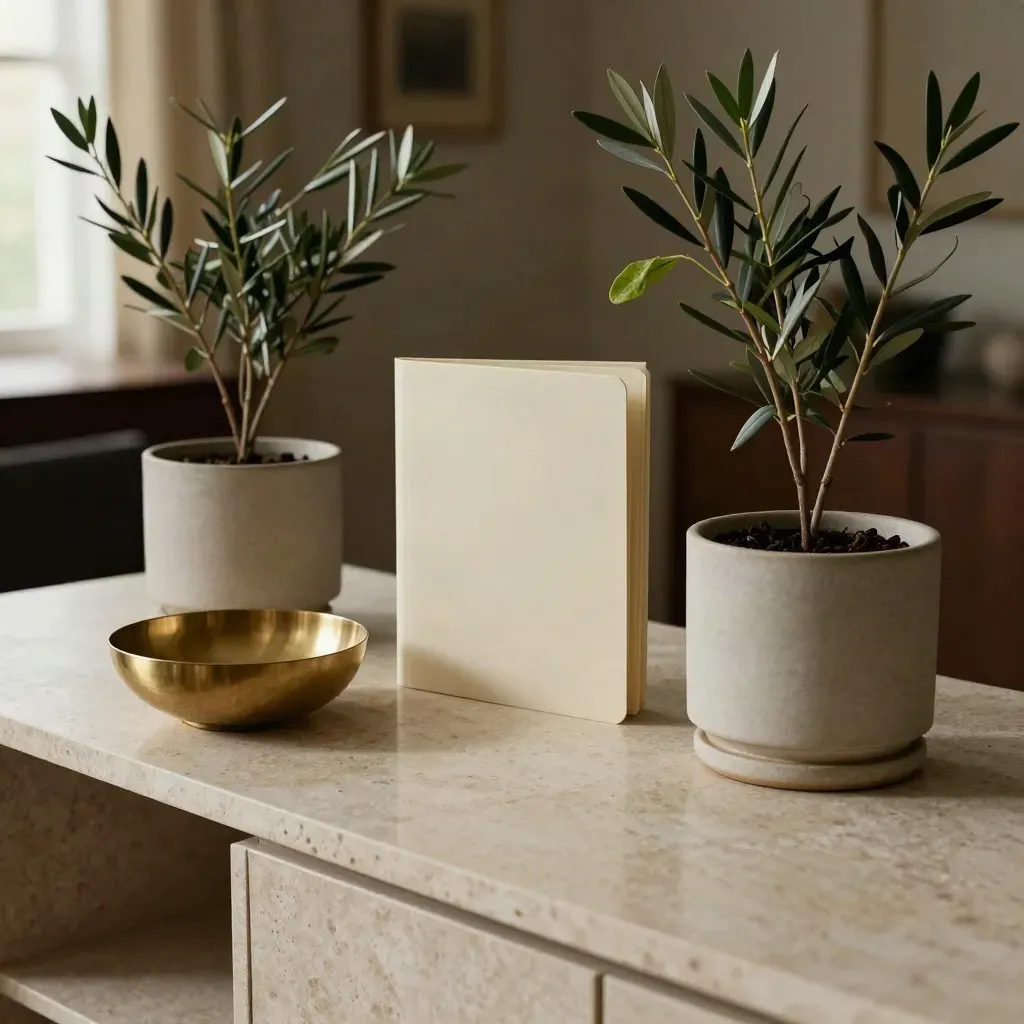 Ceramic planters, cream folder and brass bowl on a sideboard in evening light.