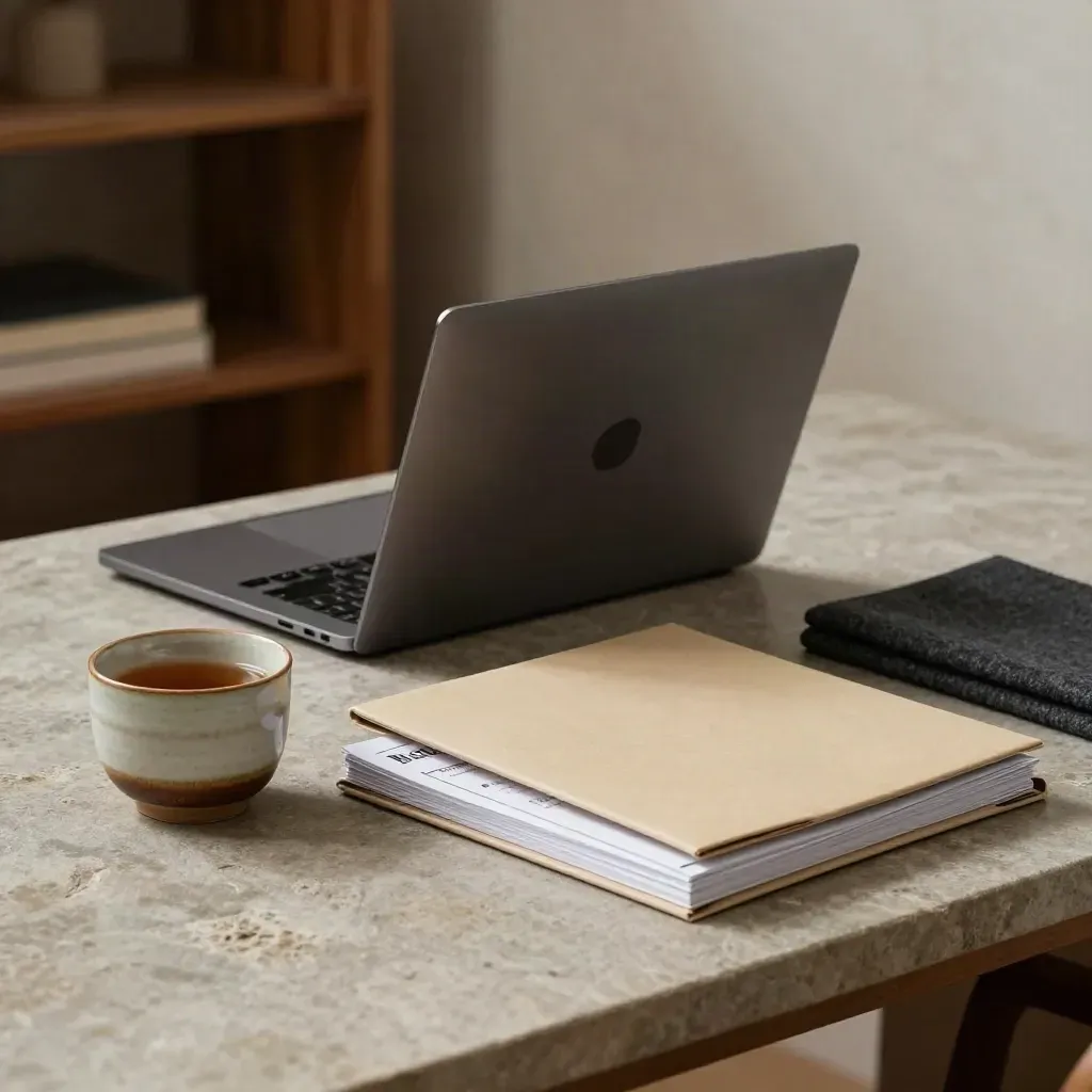 Closed laptop, file sleeves, and ceramic cup on a stone desk in a calm finance office.