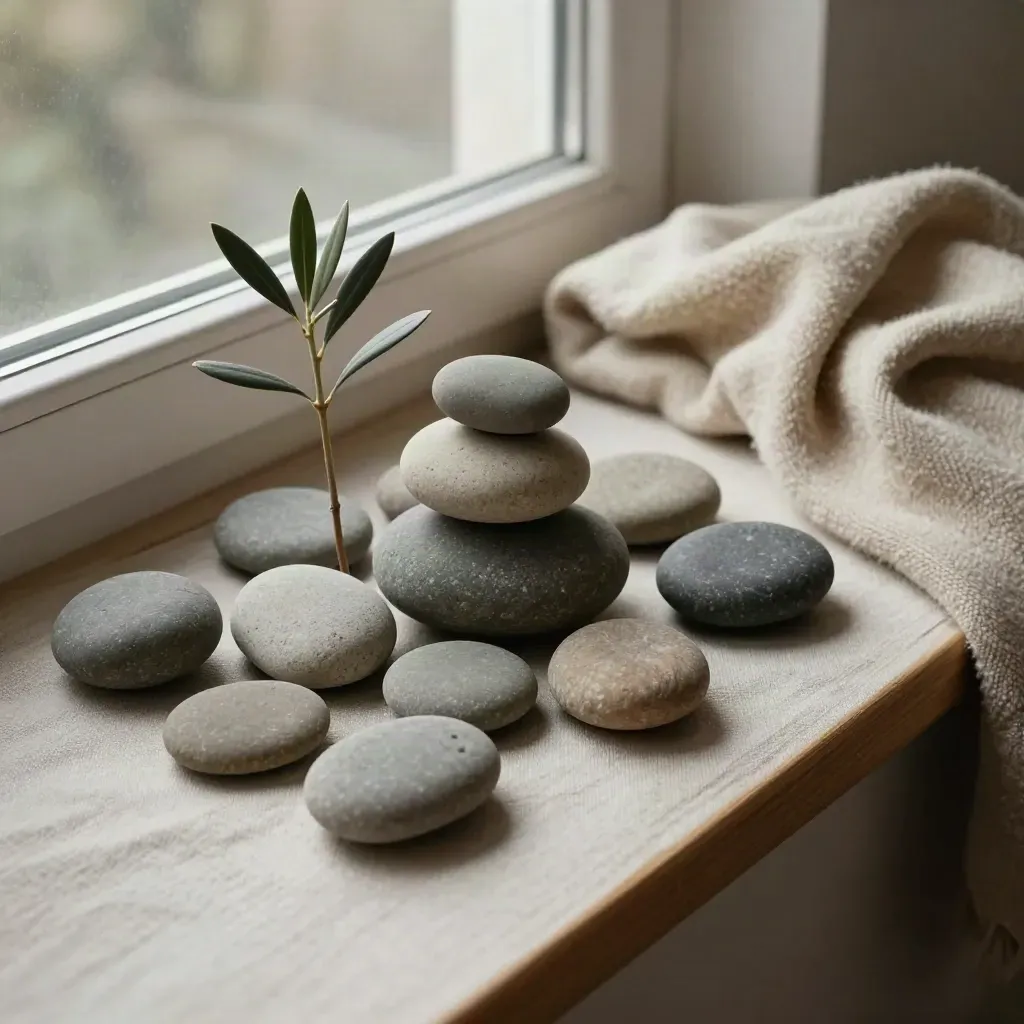 Overhead window-seat still life with river stones, olive sapling, and folded wool throw