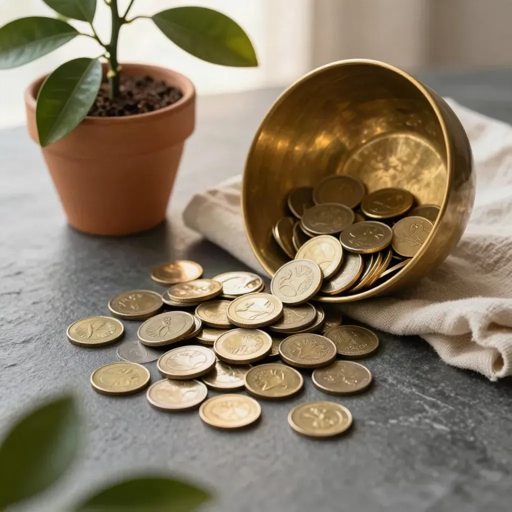 Brass coin bowl beside a small citrus tree and folded linen, lit by soft sun