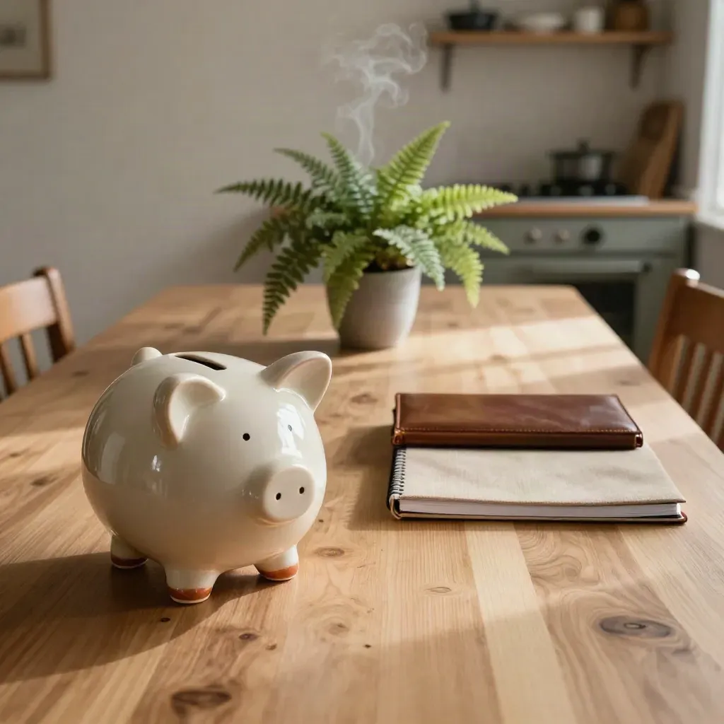 Piggy bank, closed notebook, leather folio and fern on a breakfast table in warm morning light.