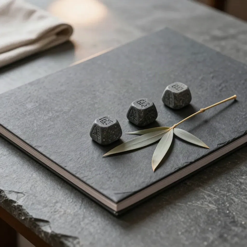 Closed impact folder with stone markers and bamboo leaf on a slate tabletop.
