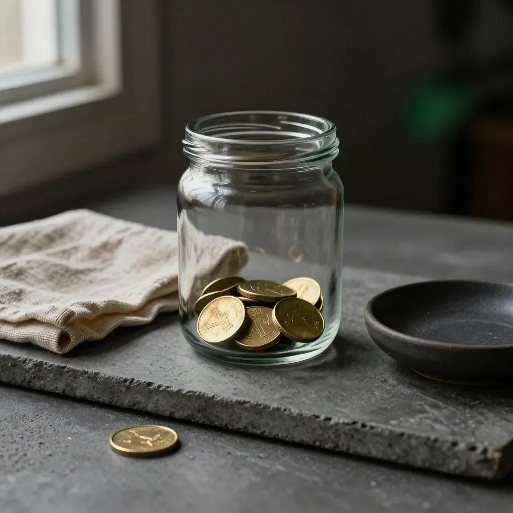 Smoked-glass savings jar with brass coins, linen and ceramic saucer on stone under soft window light.