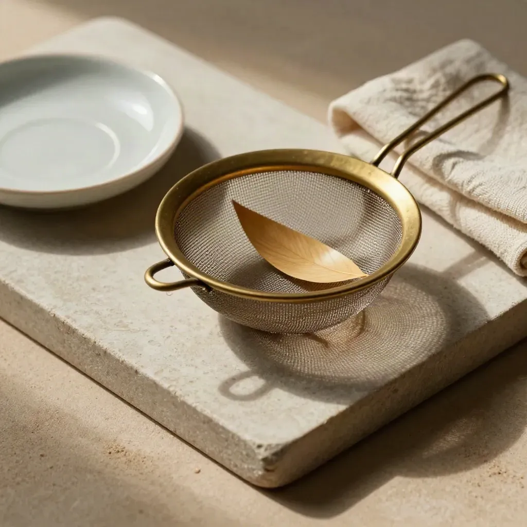 Brass tea sieve with bamboo leaf, ceramic dish and folded linen on a stone tray.