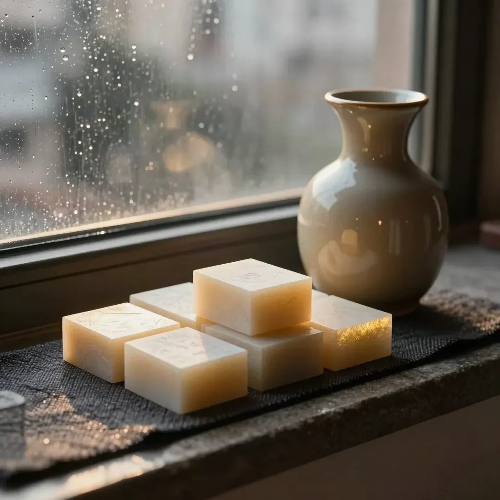Pale bond-like paperweights, a cream carafe, and wool runner beside a rainy window