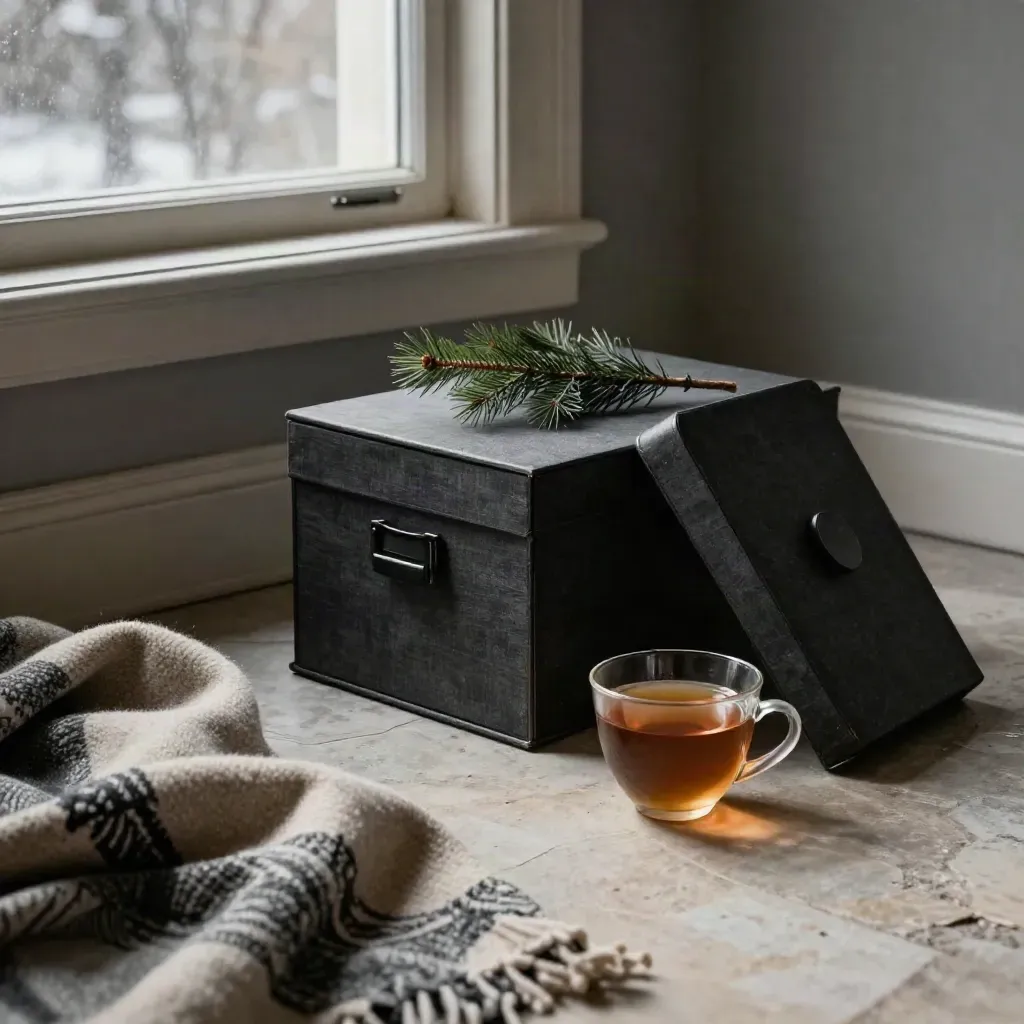Charcoal archive box, tea cup, wool blanket and evergreen branch in a winter room