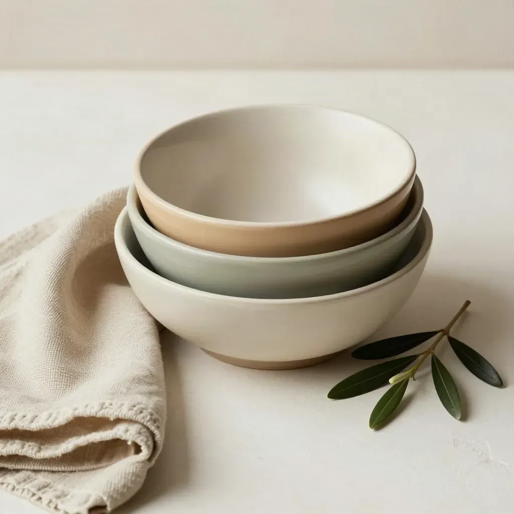 Nested ceramic bowls with wool cloth and olive sprig on a plaster sweep
