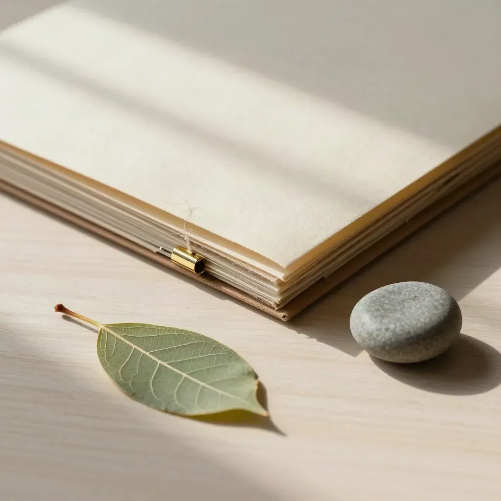 Recycled portfolio folder with brass clip, stone paperweight, and pressed leaf on pale wood