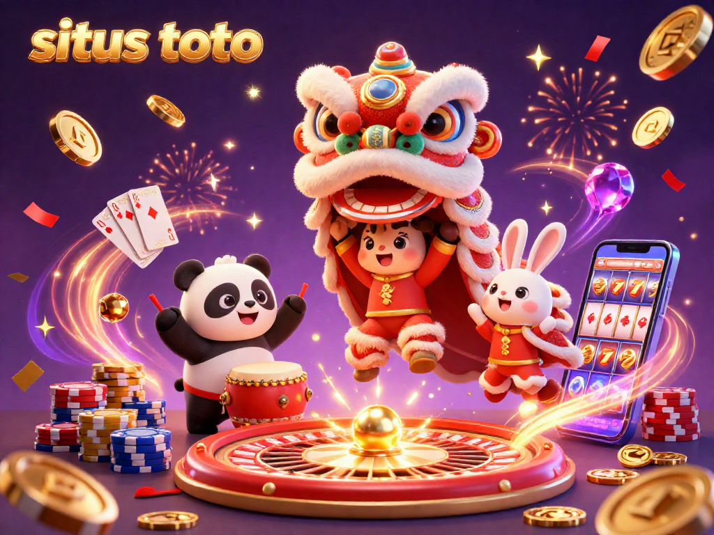 Situs toto menghadirkan suasana kasino yang meriah dengan kostum tarian singa, panda, dan kelinci, di tengah koin emas dan kartu bermain.
