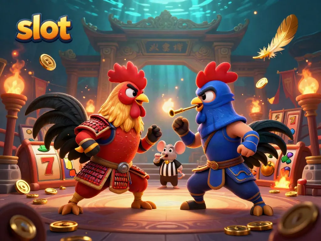 Experience exhilarating slot action with fighting roosters in a dynamic casino scene.