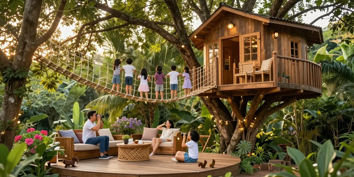 Family enjoying tree house life in a lush outdoor setting.