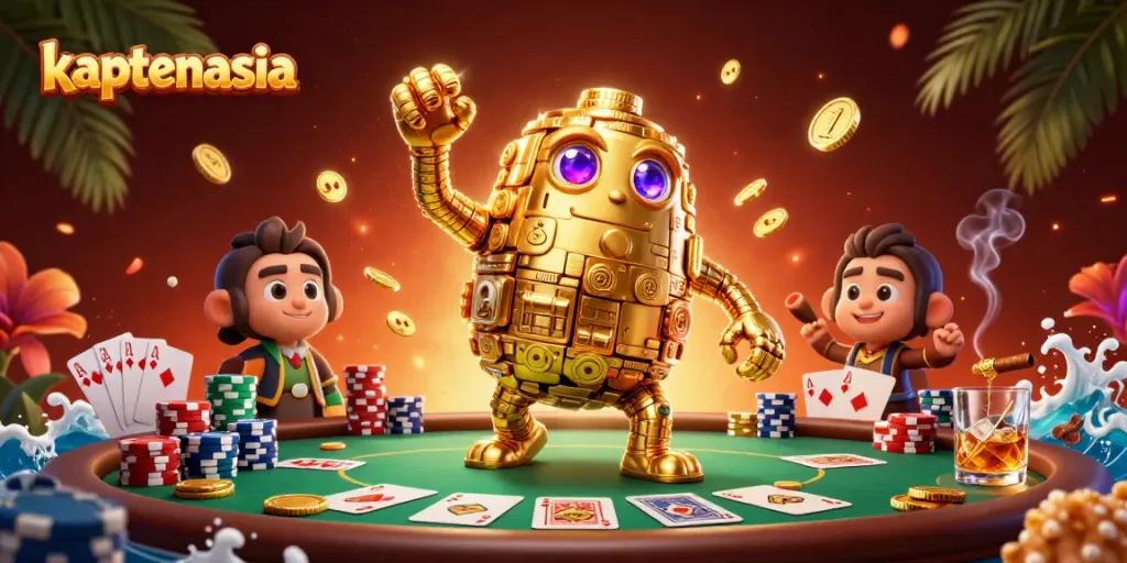 Kaptenasia showcases a dynamic poker scene with an ancient golden golem and vibrant casino elements.
