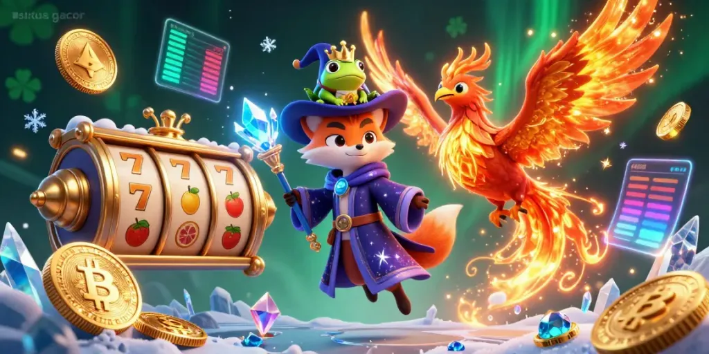 Experience the thrill of situs gacor with vibrant slot symbols and magical characters in an enchanting casino scene.