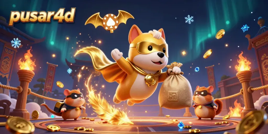 Experience exciting gameplay with pusar4d featuring a superhero dog and hamster in a dynamic casino scene.