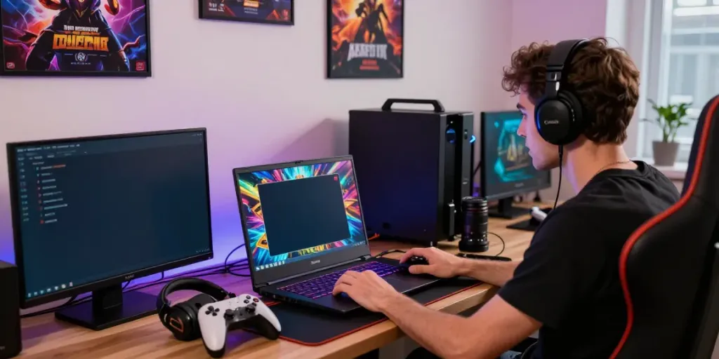 Engaging scene of qqmacan login process on a gaming laptop with vibrant game graphics.