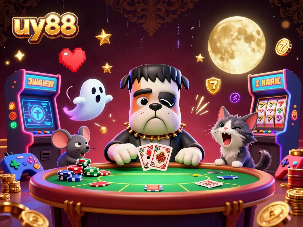 Experience uy88's thrilling poker scene featuring a Frankenstein bulldog dealer, ghost mouse, and werewolf kitten.