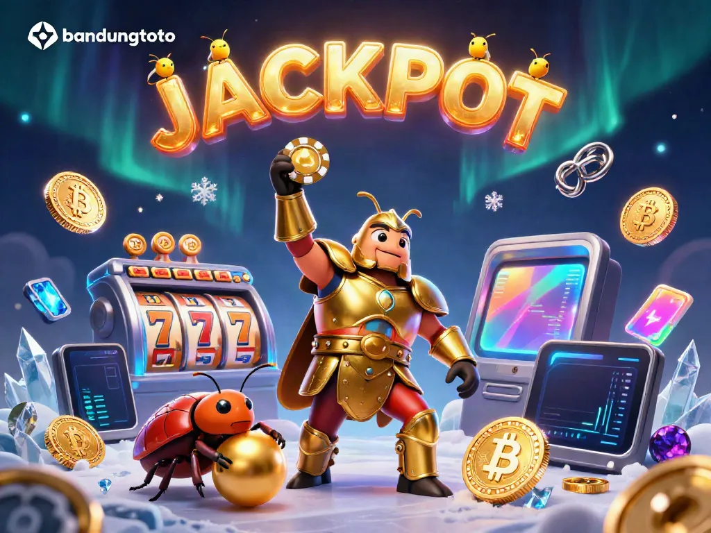 Bandungtoto showcases a victorious hercules beetle winning a poker chip amidst slot reels and glowing cryptocurrency.