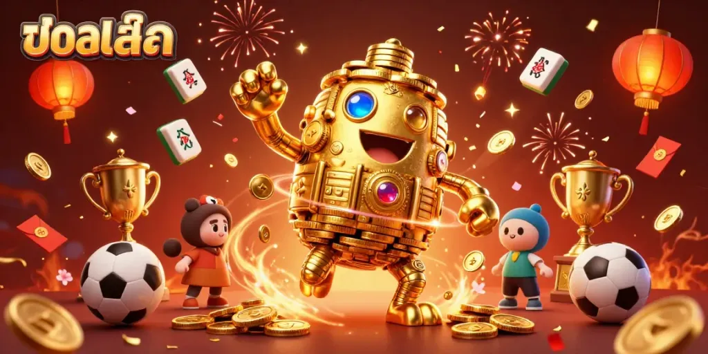 Experience thrilling sports betting with live updates on บอลสด in a vibrant, energetic scene featuring a golden golem.