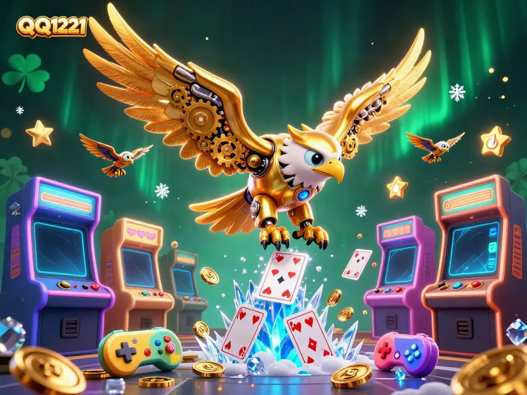 Experience the thrill of QQ1221 with a dazzling 3D illustration of a cybernetic eagle amidst vibrant casino game elements.