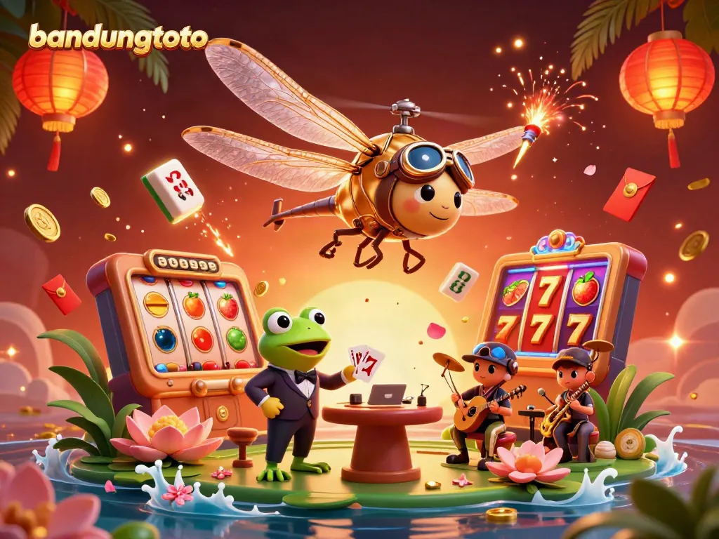 Experience thrill at bandungtoto with a colorful scene of a dragonfly pilot, frog croupier, and lively jazz band.