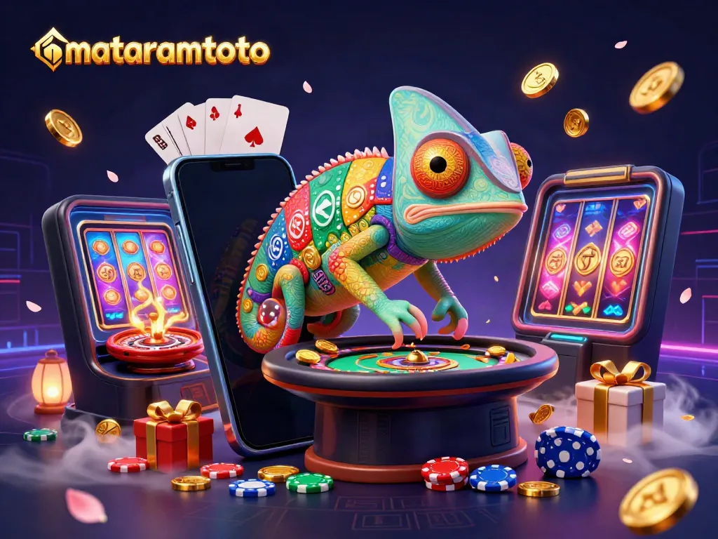 Engage in vibrant gameplay at mataramtoto featuring a chameleon casino owner amidst dynamic slots and gaming elements.