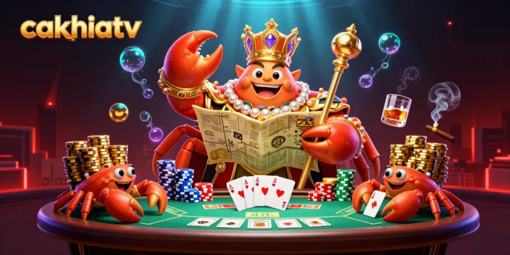 Engage with cakhiatv for thrilling poker gaming, showcasing a crab emperor in rich casino detail.