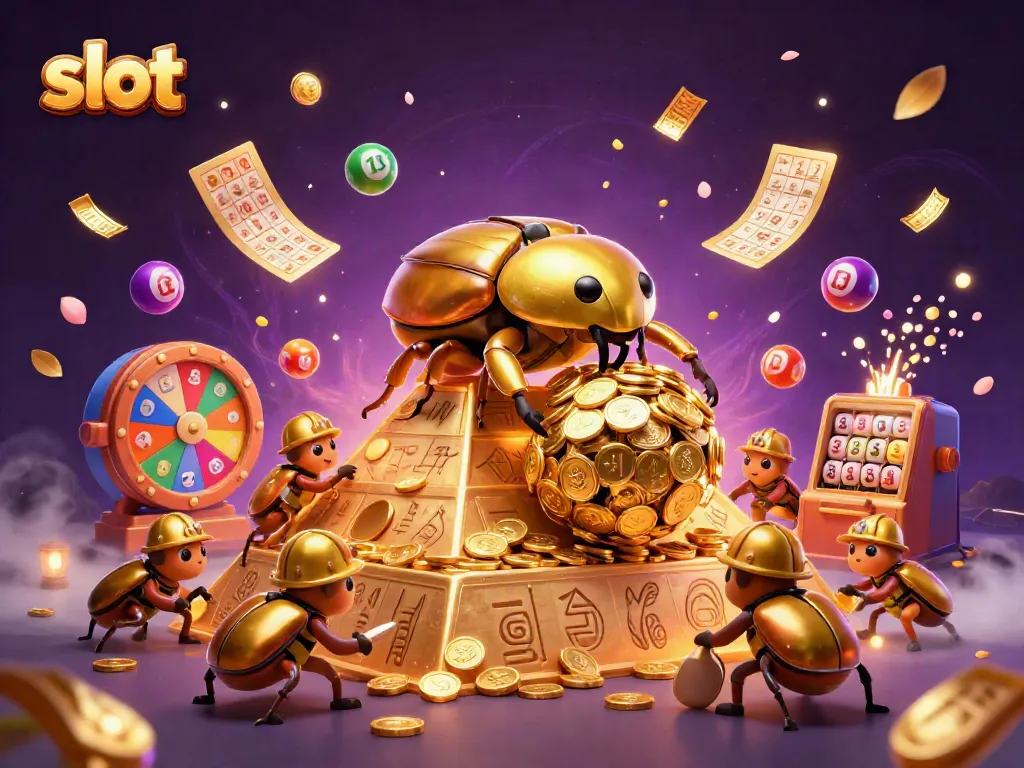 Experience the excitement of slot games with a golden beetle rolling coins and dynamic background elements.